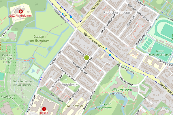 Ambulance-melding op Merelstraat, Leiden op 15 juli, kaart-overzicht